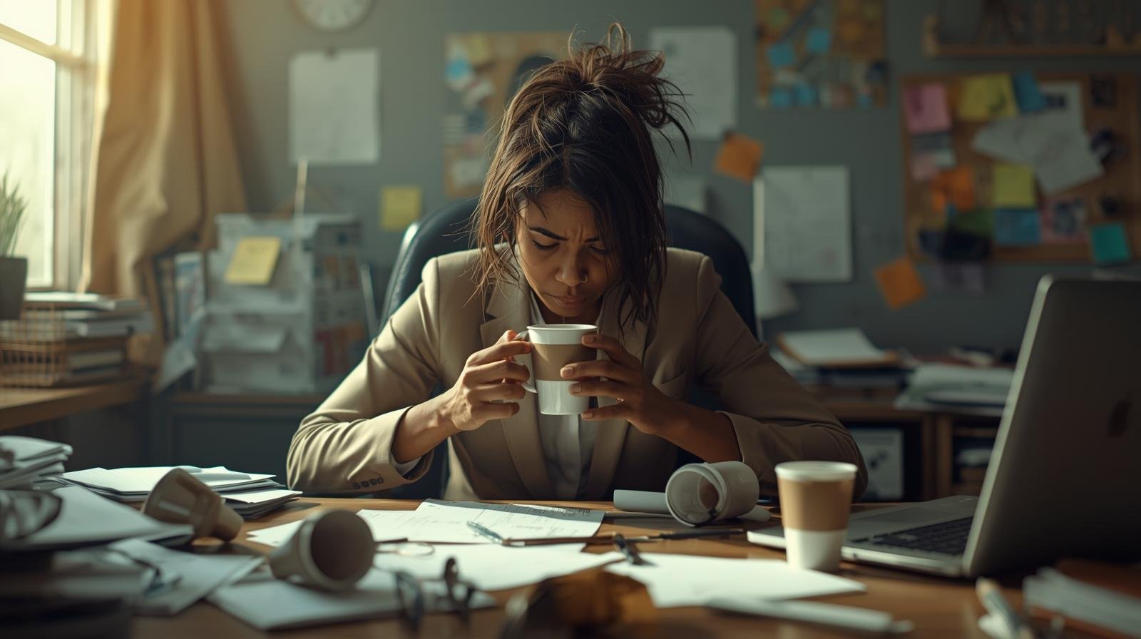 A tired, slightly disheveled office worker sitting at a cluttered desk, holding their fourth cup of coffee with both hands. Three empty coffee cups are scattered around the desk. Papers, a laptop, and sticky notes