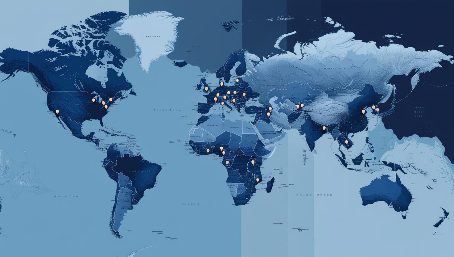 A world map with pins. Different shades of blue.  (1)-1